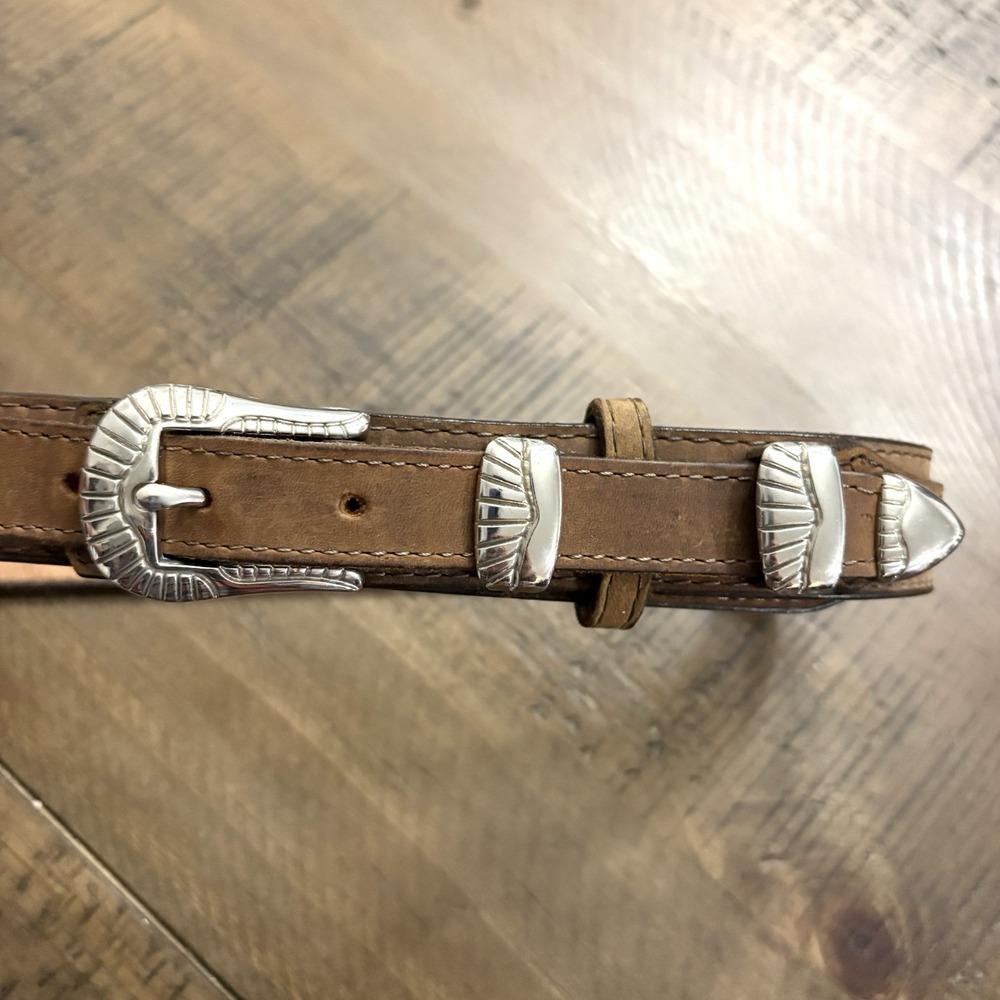 3-D Brown Leather Belt‎ Genuine Hand tooled leather 28 Women's Made USA